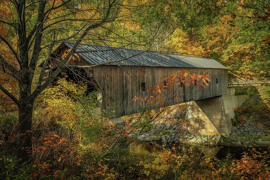 Vermont Autumn at Upper Falls Covered Bridge 1 Photograph by Ron Long Ltd Photography