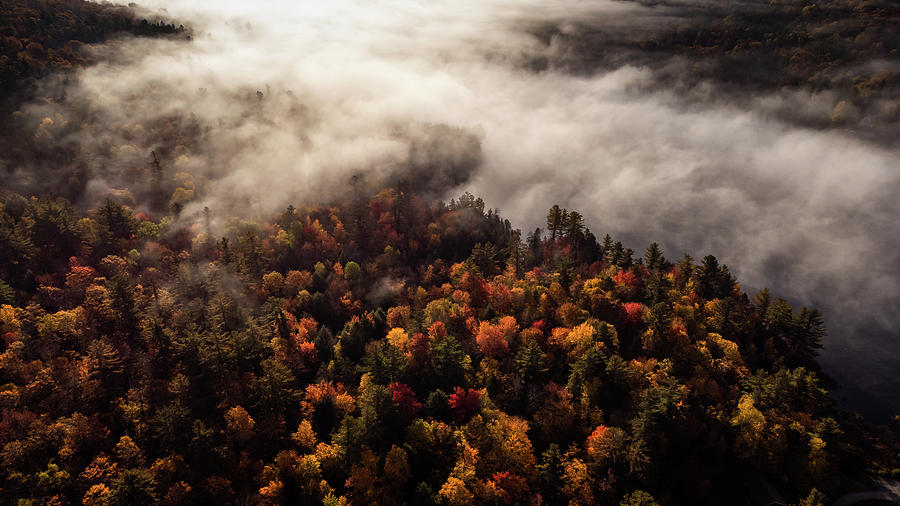 Vermont Fall Colors Around Foggy Silver Lake Photograph
