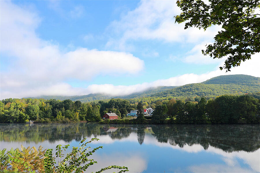 Vermont Lake With Beautiful Farm Nestled In The Woods And Fall Colors 