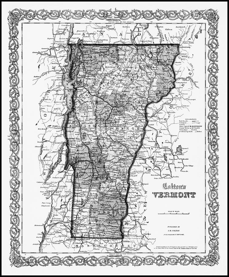 Vermont Vintage Historical Map 1855 Black and White Photograph by Carol ...