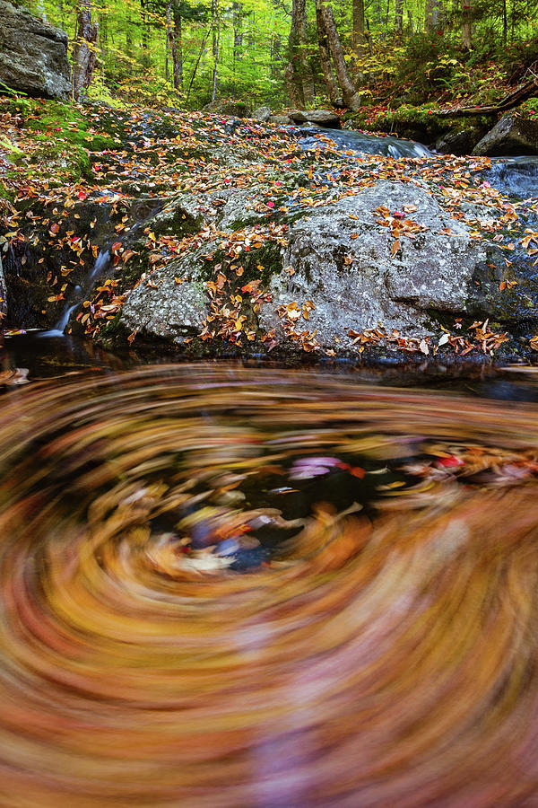 Vermont Waterfall And Swirling Leaves With Fall Foliage And Forest Photograph