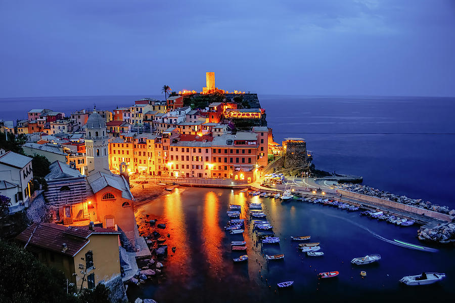 Architecture Photograph - Vernazza at Dusk, Liguria, Italy by Jeff Rose