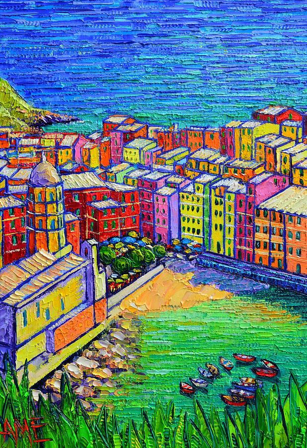 VERNAZZA COLORS Cinque Terre Italy palette knife oil commissioned painting detail Ana Maria Edulescu Painting by Ana Maria Edulescu