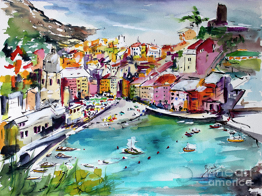 Vernazza Italy Cinque Terre Watercolors Painting by Ginette Callaway