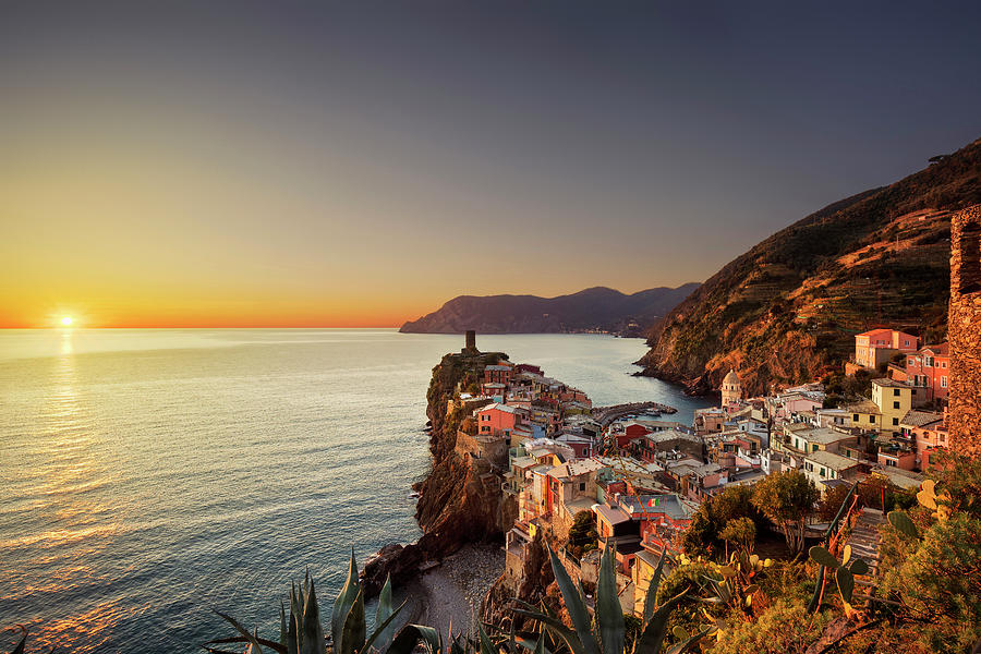 Vernazza village, aerial view on red sunset. Cinque Terre, Ligur Photograph by Stefano Orazzini