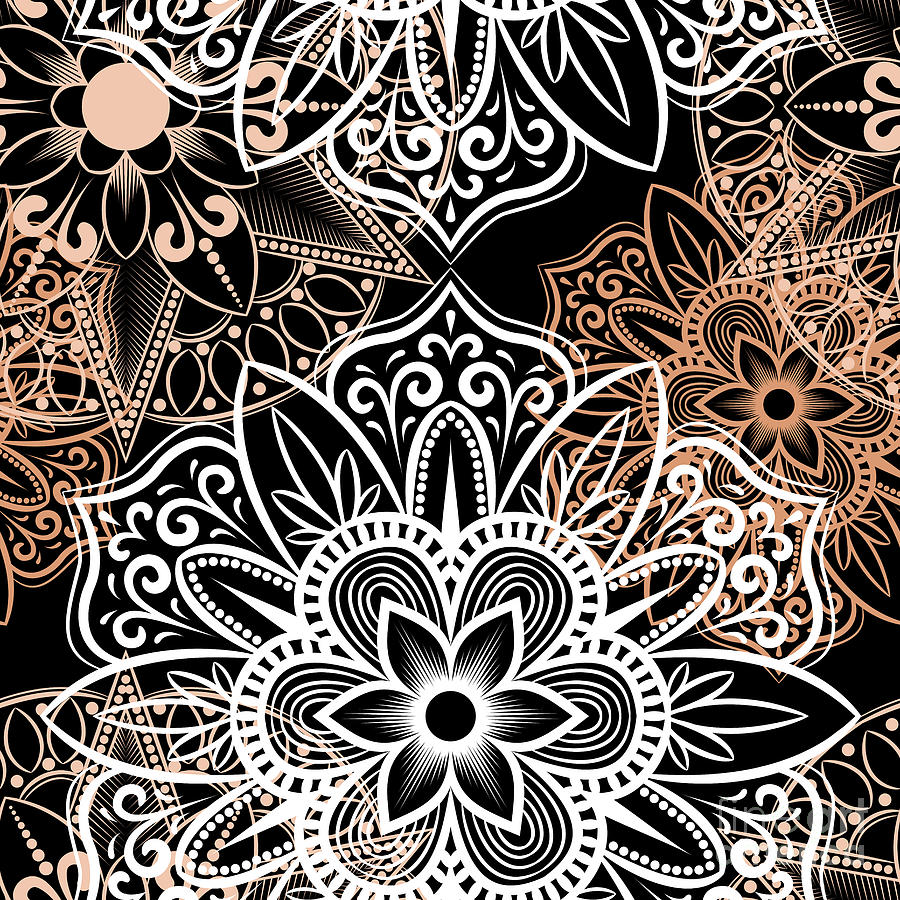 Verona - Artistic White Cream Mandala Pattern in Black Background Digital Art by Sambel Pedes