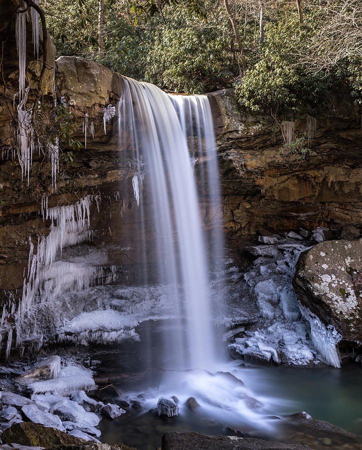Vertical image of Cucumber Falls in the Ohiopyle State Park in winter Photograph by Steven Heap