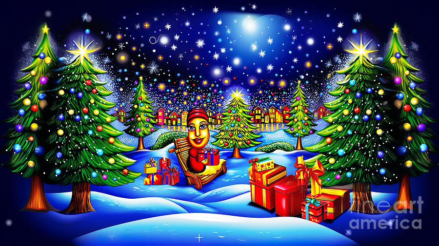 Very colorful Christmas greeting card, special Christmas atmosphere in the park. Digital Art by Odon Czintos