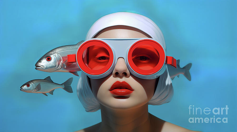 Very cool beautiful model in white swimming cap and diving goggles with fish swimming. Digital Art by Odon Czintos