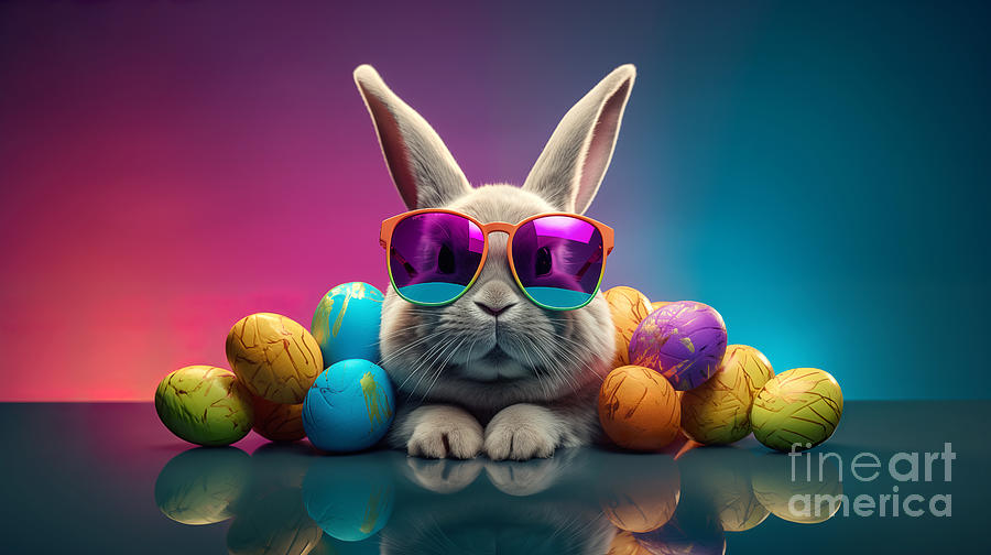Very cool bunny with sunglasses, between colorful eggs. Digital Art by Odon Czintos