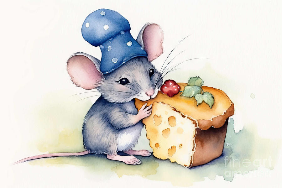 Mouse Painting - Very cute little mouse in a blue cap eats a piece of cheese. Chi by N Akkash