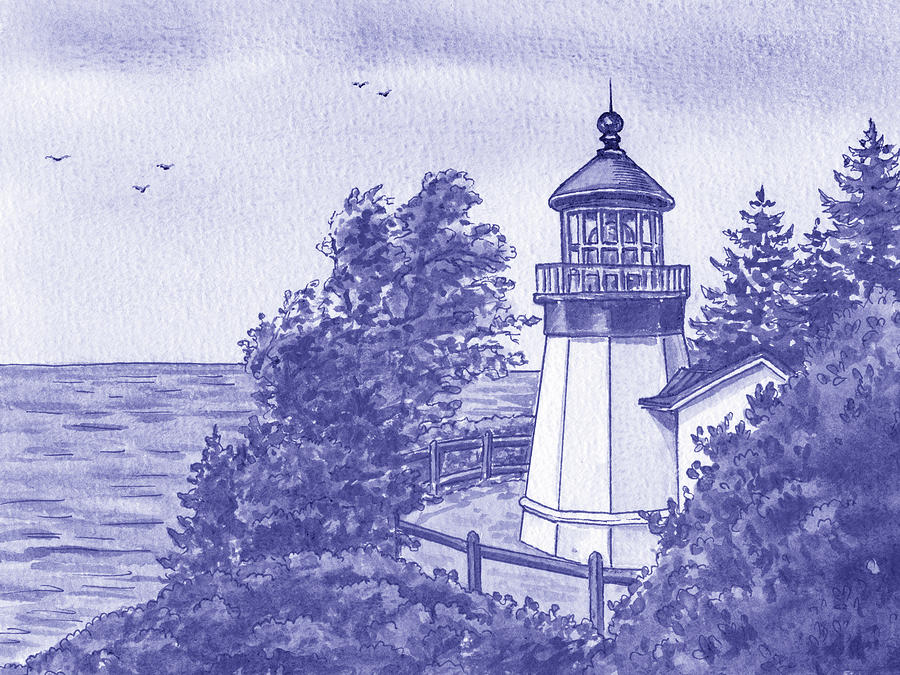 Very Peri Purple Blue Cape Meares Lighthouse Oregon State Pacific Ocean Shore Watercolor  Painting by Irina Sztukowski