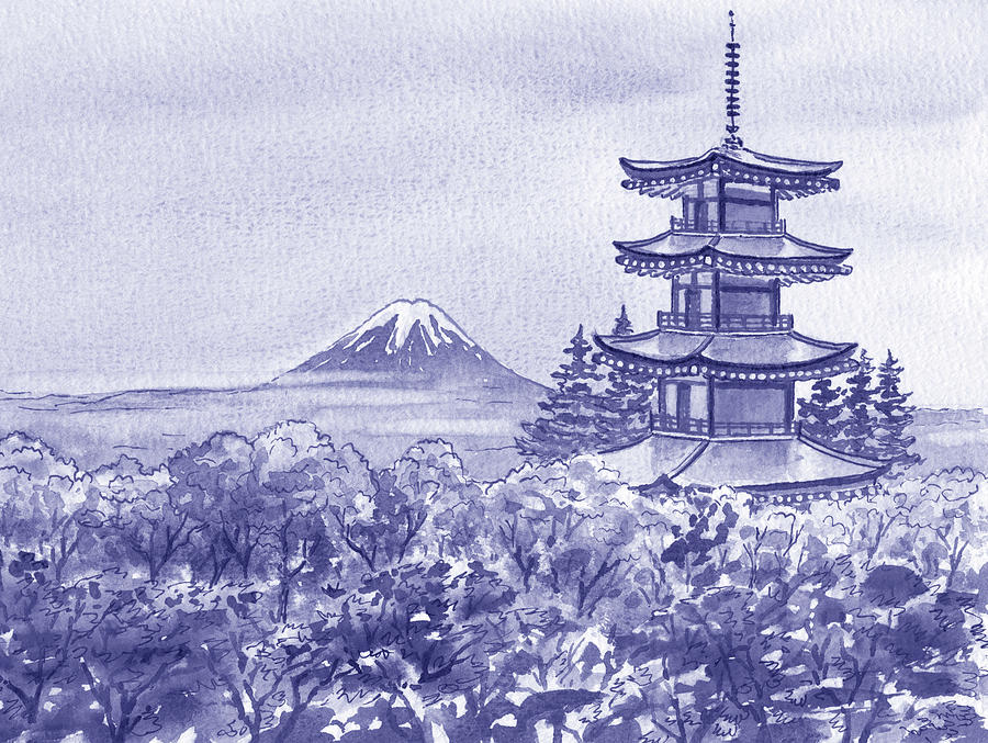 Very Peri Purple Blue Chureito Pagoda With The View Of Mountain Fuji Watercolor  Painting by Irina Sztukowski
