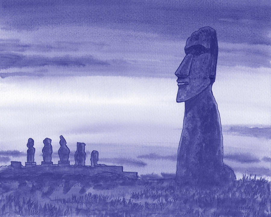 Very Peri Purple Blue Gorgeous Sunset With Magical Statues Of Easter Island Chile Watercolor Painting by Irina Sztukowski