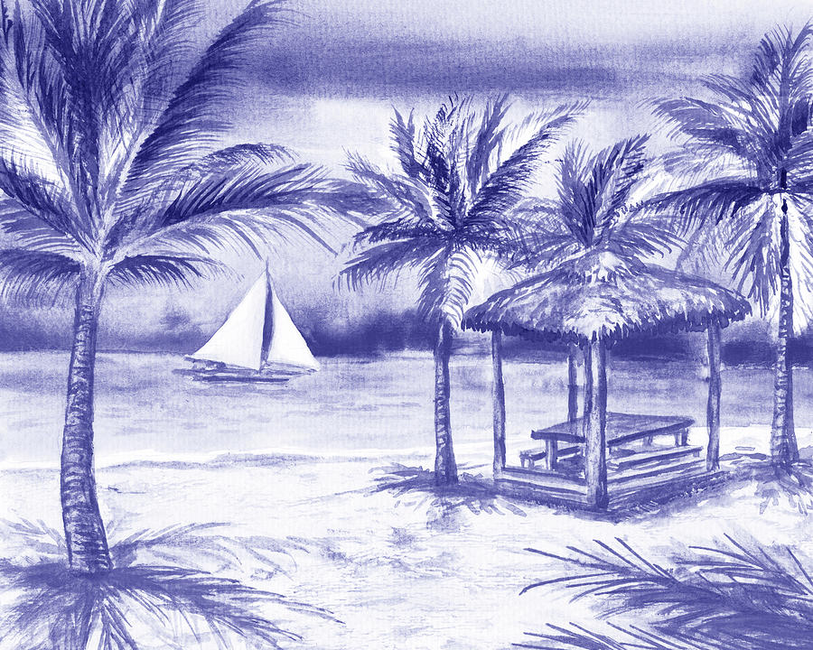 Very Peri Purple Blue Sailboat Beach Ocean Tropical Paradise Watercolor Landscape  Painting by Irina Sztukowski
