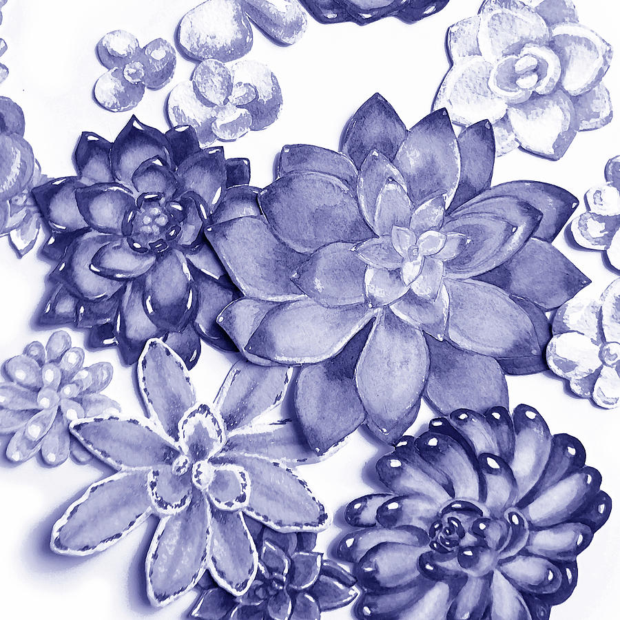 Very Peri Purple Blue Succulent Plants Garden Watercolor Interior Art X Painting by Irina Sztukowski