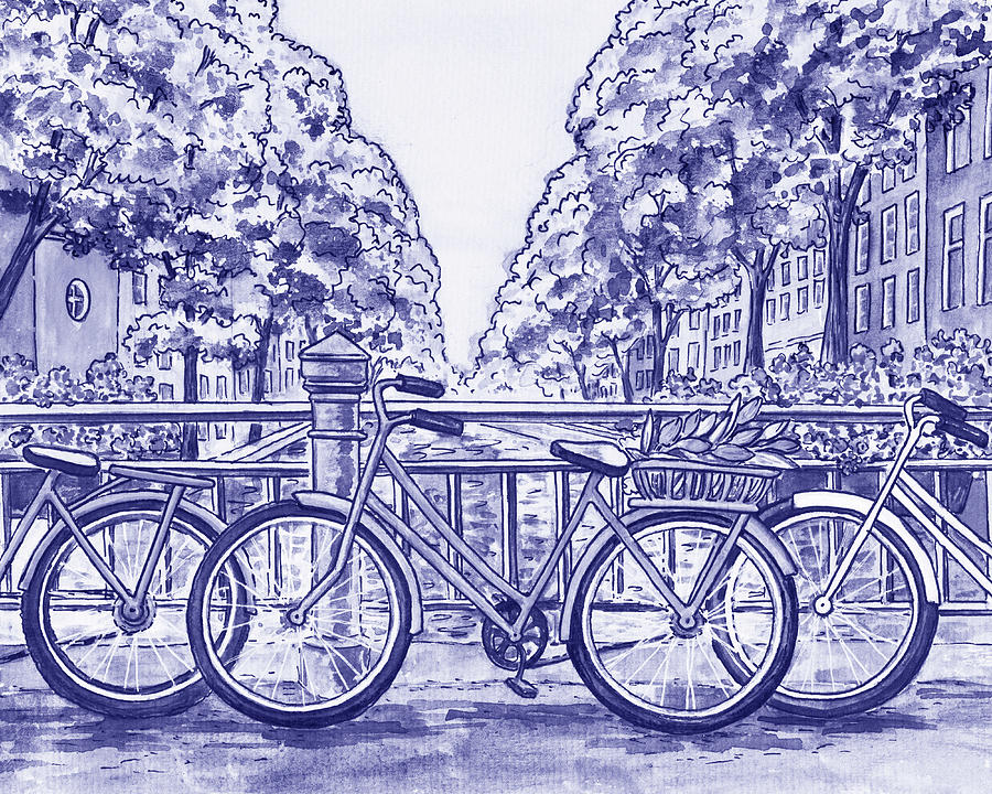 Very Peri Purple Blue Vintage Bicycles On Amsterdam Bridge Netherlands Painting by Irina Sztukowski