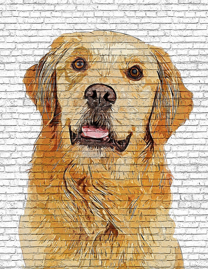 Very Smart Golden Retriever - Brick Block Background Painting by Custom Pet Portrait Art Studio