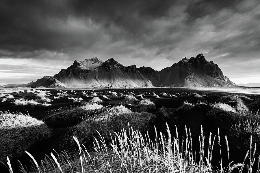 Vestrahorn Mountain and Black Sand Dunes in Iceland in Black and White Photograph by Alexios Ntounas