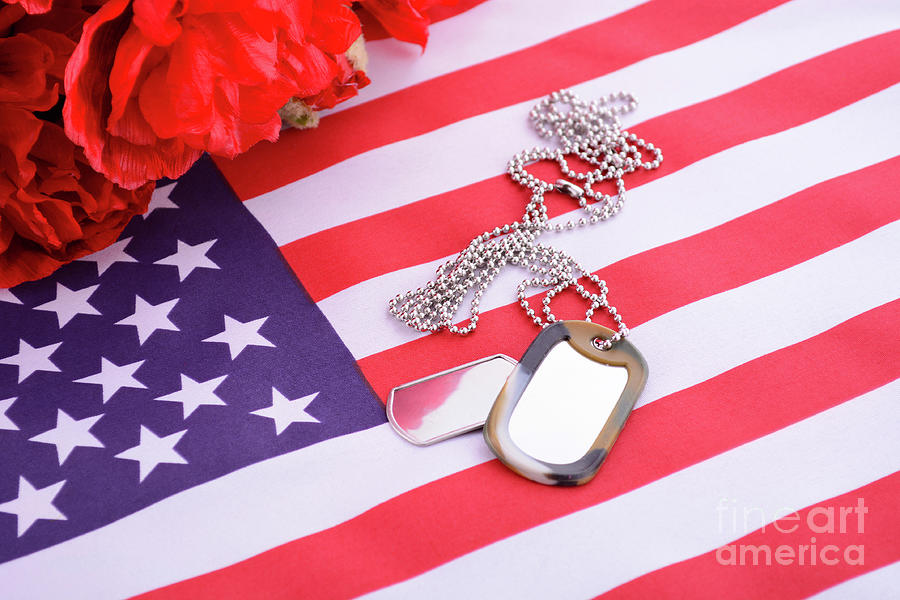 Veterans Day USA Flag with dog tags Photograph by Milleflore Images