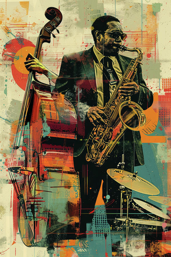 Vibrant Abstract Jazz Event Poster Featuring Saxophonist Digital Art