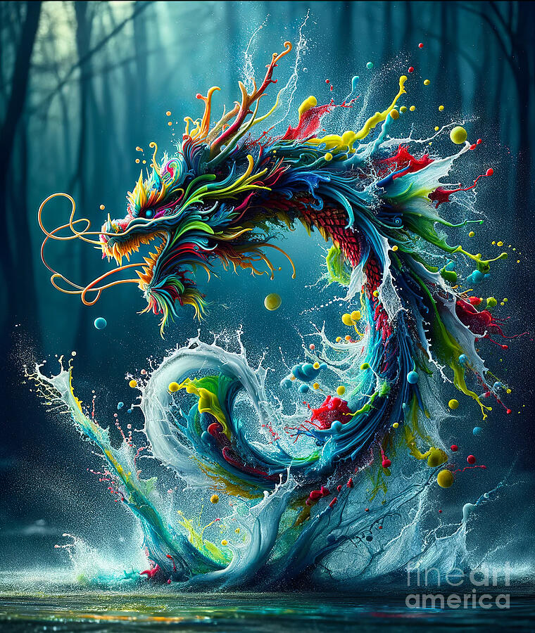 Vibrant and dynamic water dragon made of splashing water and vivid colors. Digital Art by Odon Czintos