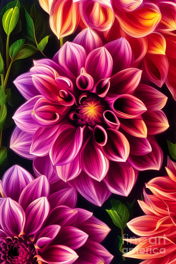 Vibrant background of pink and orange dahlia flowers and leaves. Floral and feminine decoration. Photograph by Jane Rix