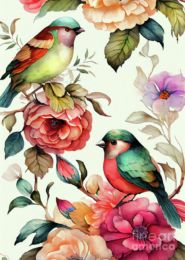 Vibrant birds and flowers #nature Digital Art by Justyna Jaszke JBJart
