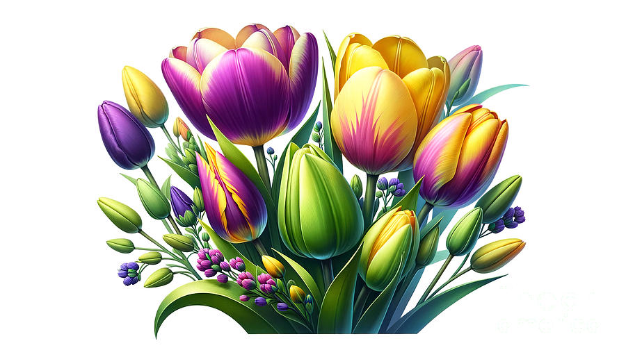 Vibrant blooming tulips with lush green leaves. Digital Art by Odon Czintos