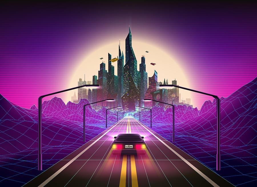 Vibrant colors abstract 80s style retro background with car and Futuristic City on the Horizon. Synthwave Retrowave Art Drawing by Magnilion