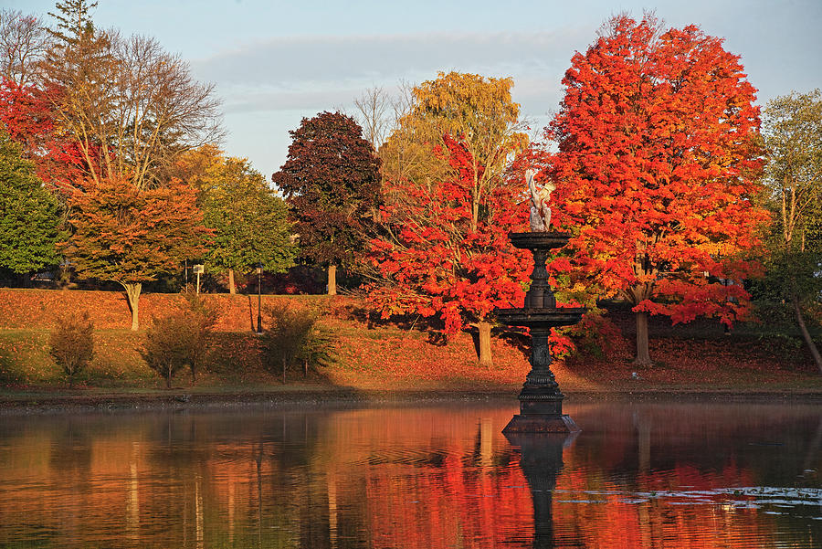 Vibrant Fall Colors on the Newburyport Frog Pond Newburyport Massachusetts Fountain Close Photograph by Toby McGuire