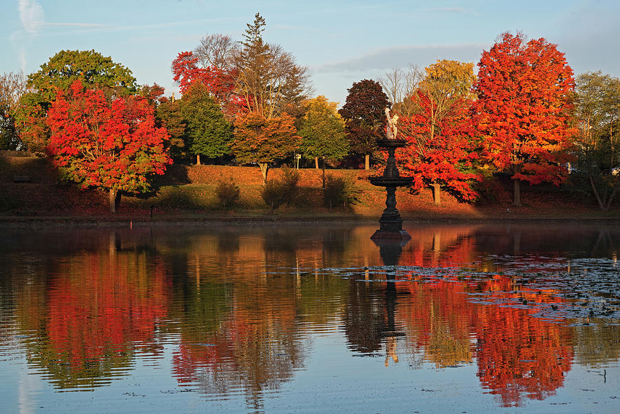 Vibrant Fall Colors on the Newburyport Frog Pond Newburyport Massachusetts Fountain Photograph by Toby McGuire