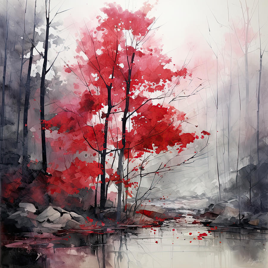 Vibrant Fall in the Woods - Red and Gray Autumn Impressionist Art Painting by Lourry Legarde