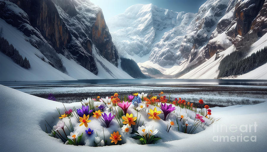 Vibrant flowers breaking through the snow with a serene alpine lake Digital Art by Odon Czintos