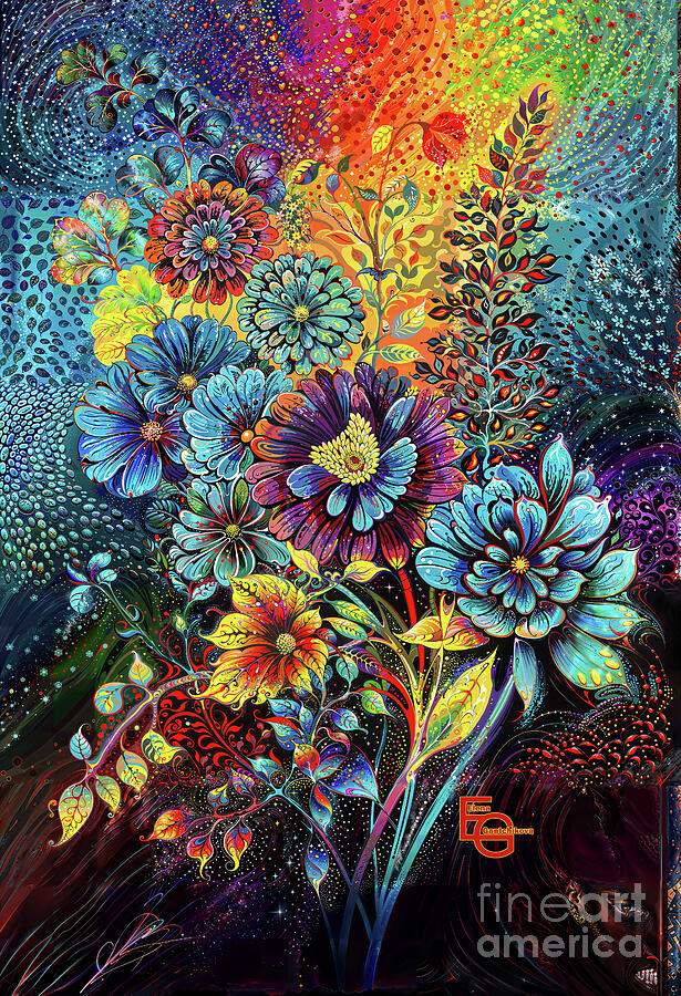Vibrant flowers burst with color against a dynamic, swirling background Digital Art by Elena Gantchikova Vibrant flowers burst with color against a dynamic, swirling background Digital Art by Elena Gantchikova