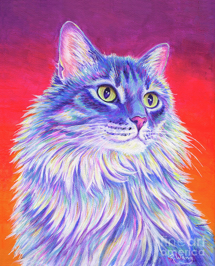 Vibrant Longhaired Gray Tabby Cat Painting by Rebecca Wang