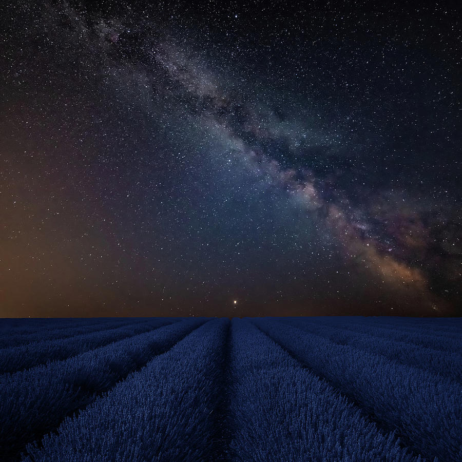 Vibrant Milky Way Composite Image Over Landscape Of Lavender Fie