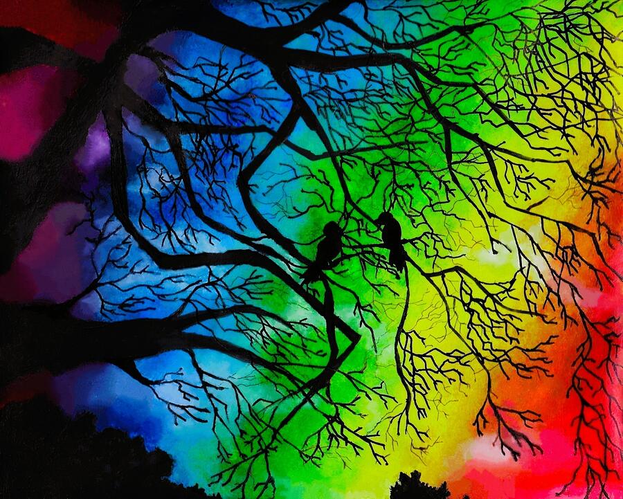 Rainbow sky fantasy with two little birds Painting by Tara Krishna