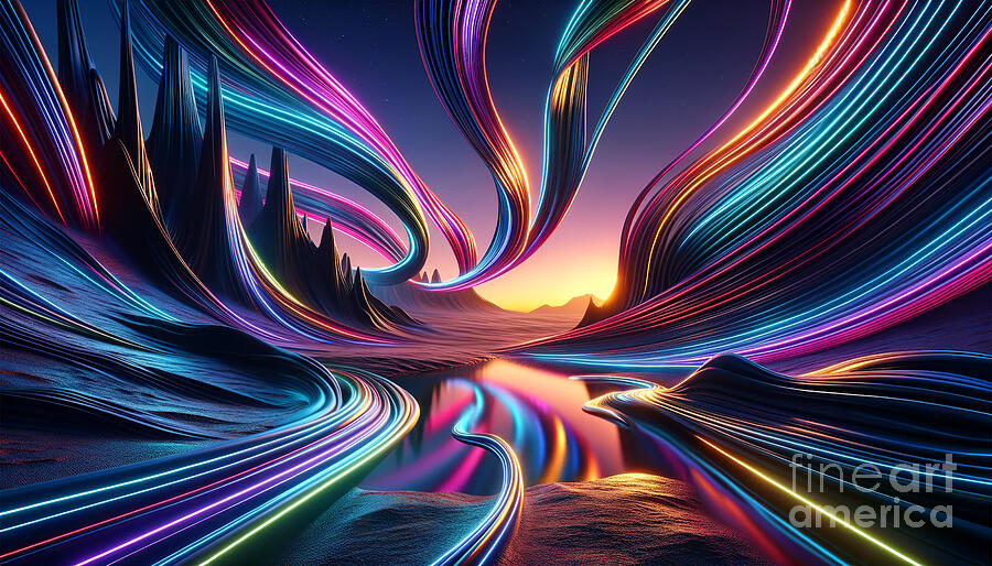 Vibrant neon ribbons of light twist and flow through a surreal landscape Digital Art by Odon Czintos