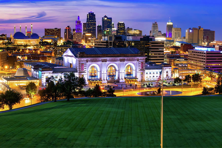 Vibrant Night Over The Kansas City Skyline and Union Station Photograph by Gregory Ballos