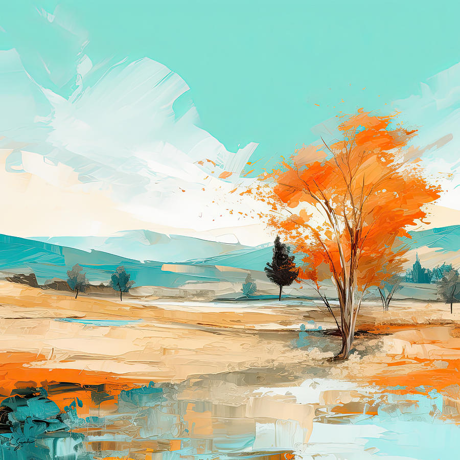 Vibrant Orange and Turquoise Tree Painting by Lourry Legarde