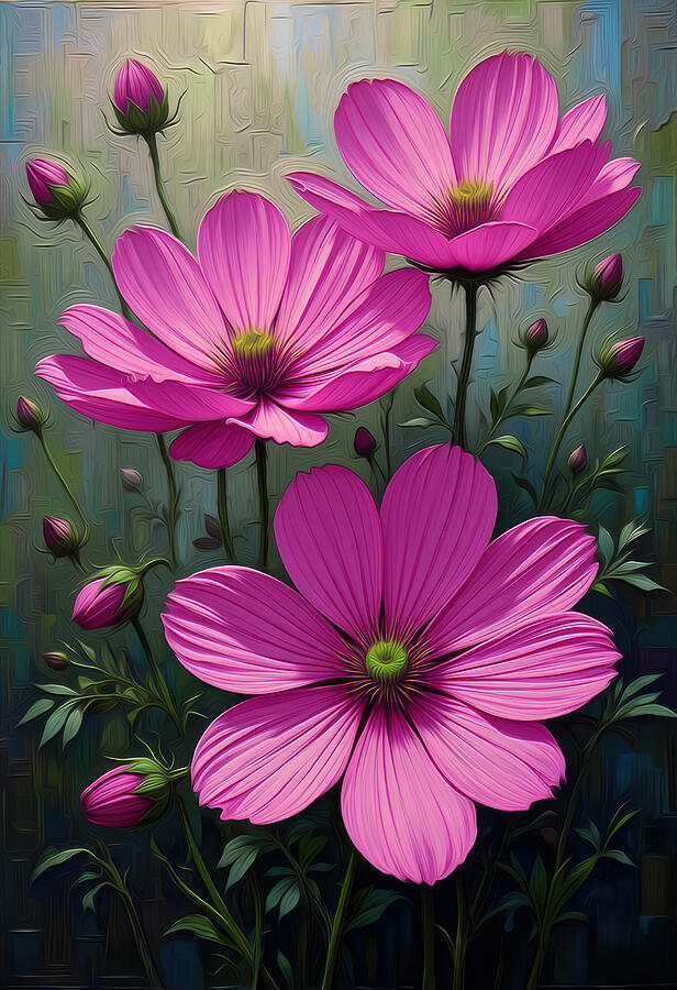 Vibrant Pink Cosmos Blooms Digital Art - Cosmos Flower Wall Art by Vintage Wall Art