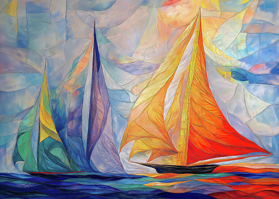 Vibrant Sailboats on a Colorful Abstract Sea Nautical Graphic Art Mixed Media by Lena Owens Vibrant Sailboats on a Colorful Abstract Sea Nautical Graphic Art Mixed Media by Lena Owens