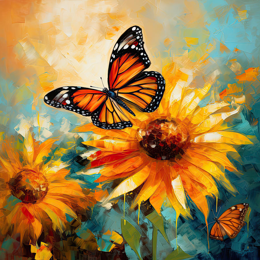 Vibrant Sunflower with Monarch Butterfly Painting by Lourry Legarde