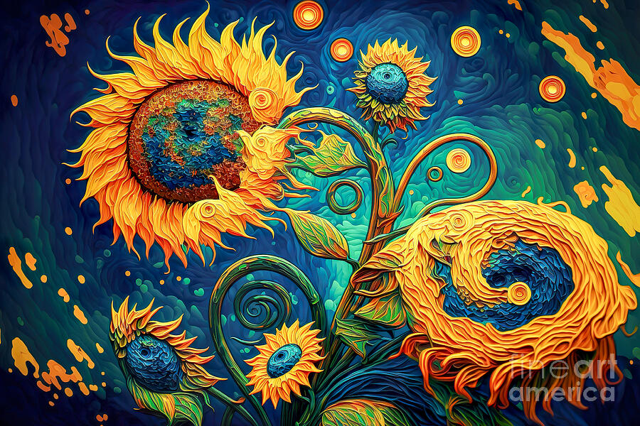Nature Digital Art - Vibrant sunflowers with swirling patterns are set against a deep blue backdrop by Odon Czintos