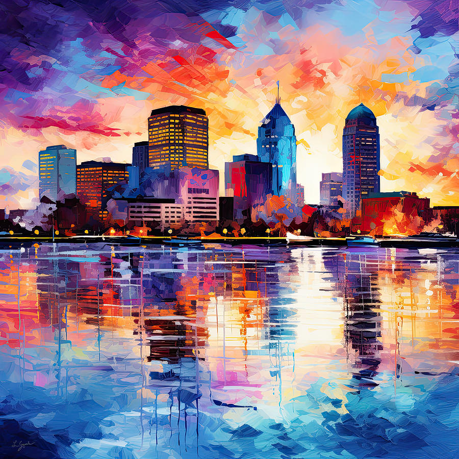 Downtown Louisville Painting - Vibrant Sunset over Louisville by Lourry Legarde