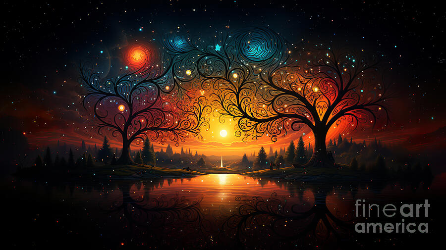 Vibrant swirls decorate the canopy of two stylized trees set against a star-speckled night sky. Digital Art by Odon Czintos