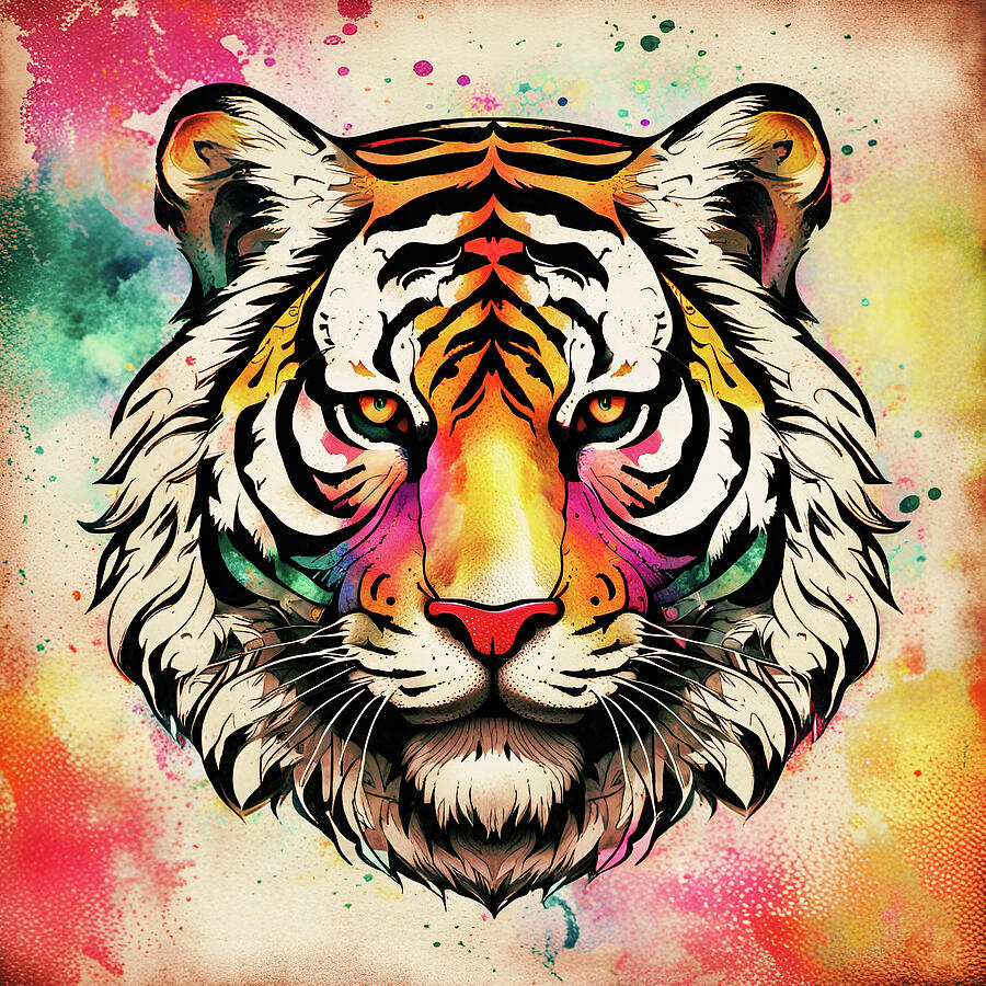 Vibrant Tigers Head on Colorful Splashes Background Digital Art by Freddy B Vibrant Tigers Head on Colorful Splashes Background Digital Art by Freddy B