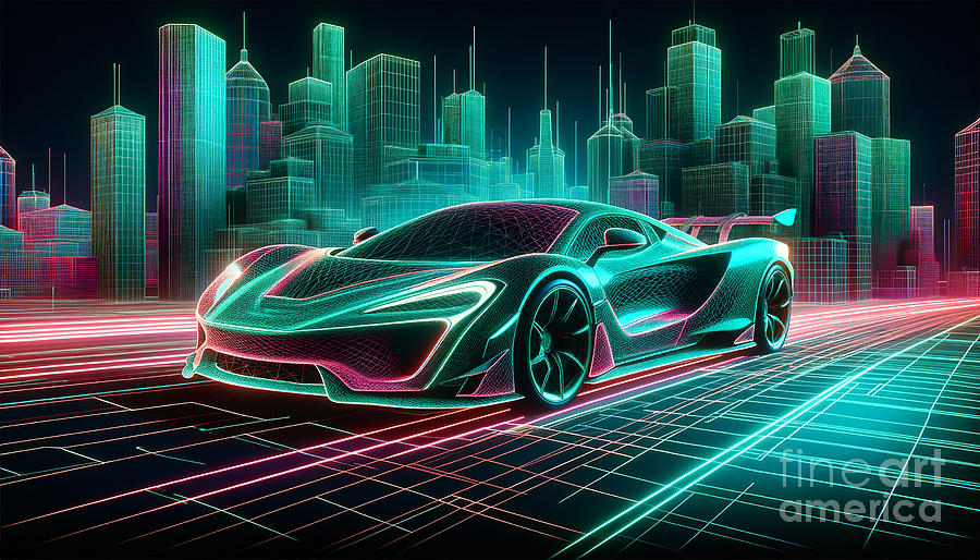Vibrant wireframe sports car in digital cityscape, neon grid. Digital Art by Odon Czintos