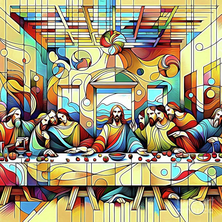 Jesus Christ Digital Art - Vibrantly Colored Contemporary Abstract Last Super Scene by Rose Santuci-Sofranko